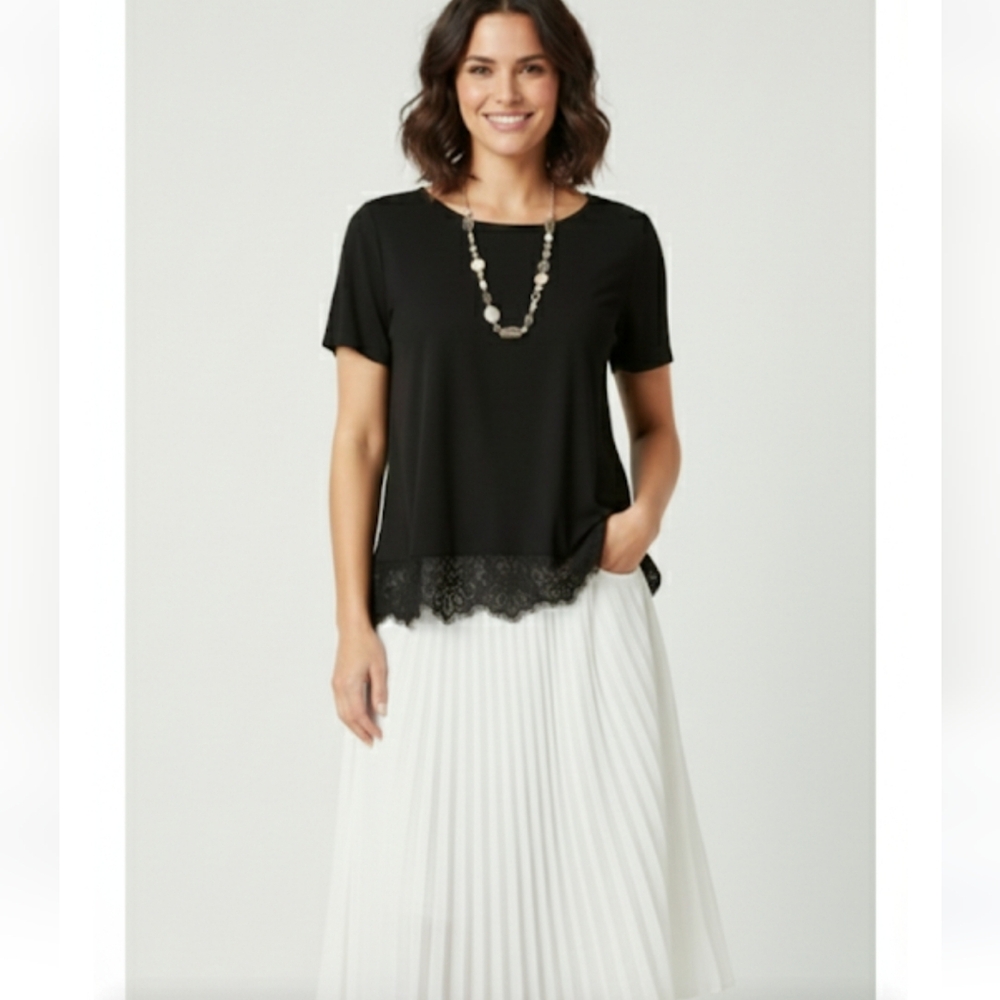 CATHERINE MALANDRINO Black Eyelash Lace Hem Top XS Runs Large NWT